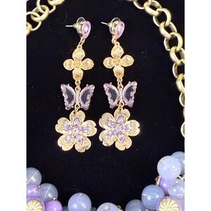 Robert Rose Butterfly Flower Necklace Earrings Set Gold Purple Beaded Neclace